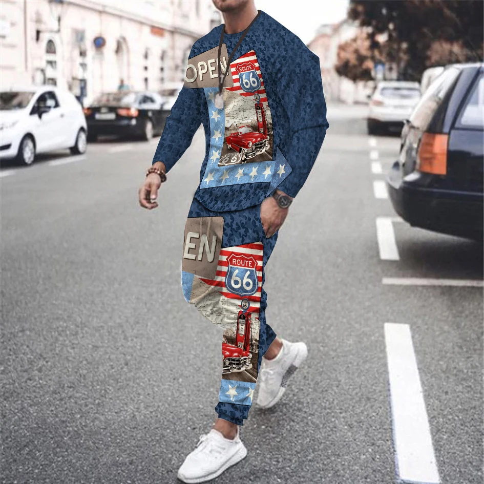 

Men Autumn Long Sleeves Sets America Route 66 Pattern T-shirt+Trousers Casual Sportswear 2 Pieces Suit Comfortable Tracksuit