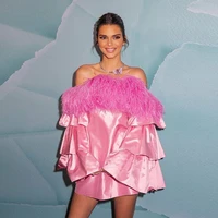 modest pink feathers satin cocktail dress 2022 new off the shoulder tiered long sleeve straight mini dress vestidos de gala
