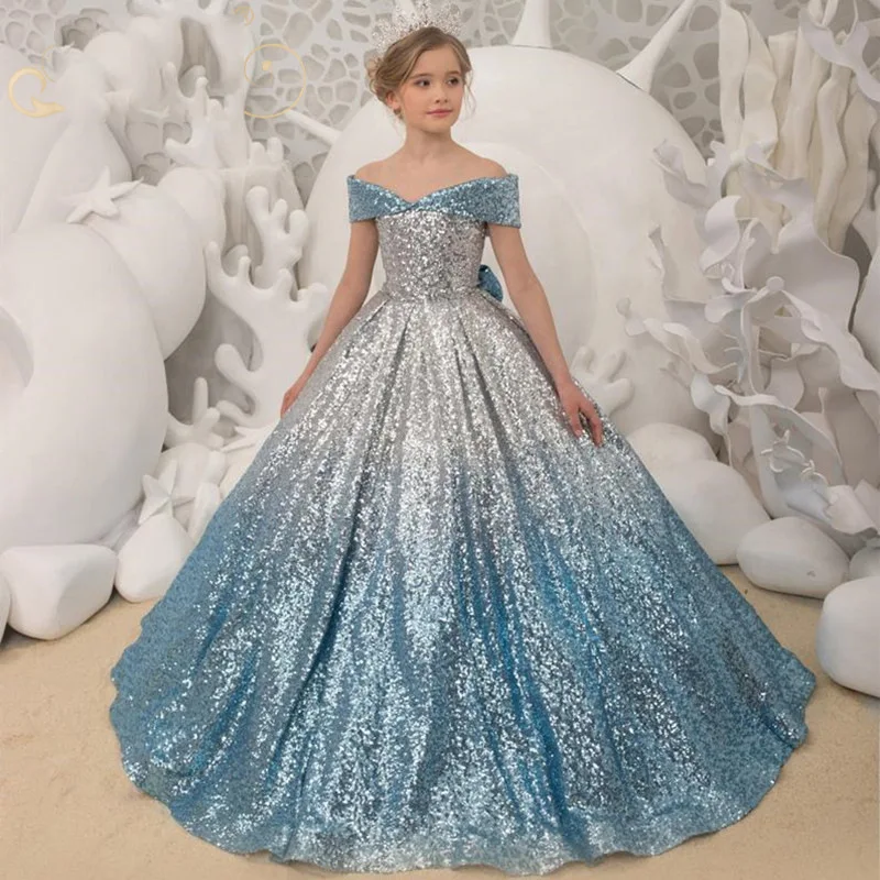 

New Arrival High Quality Girl Sequined Formal Party Children Evening Dress Kids Floor Length Ball Gown