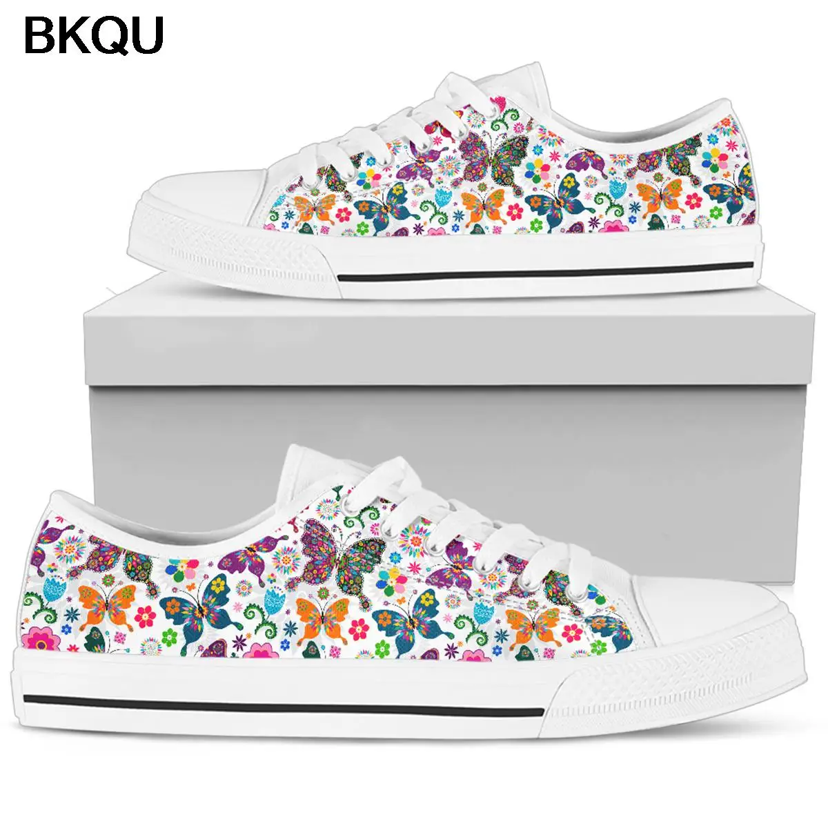 

BKQU 2022 Colors Butterfly Casual Shoes Fashion Canvas Shoes Breathable Comfortable Flat Shoes Women Lace-up flats zapatos mujer