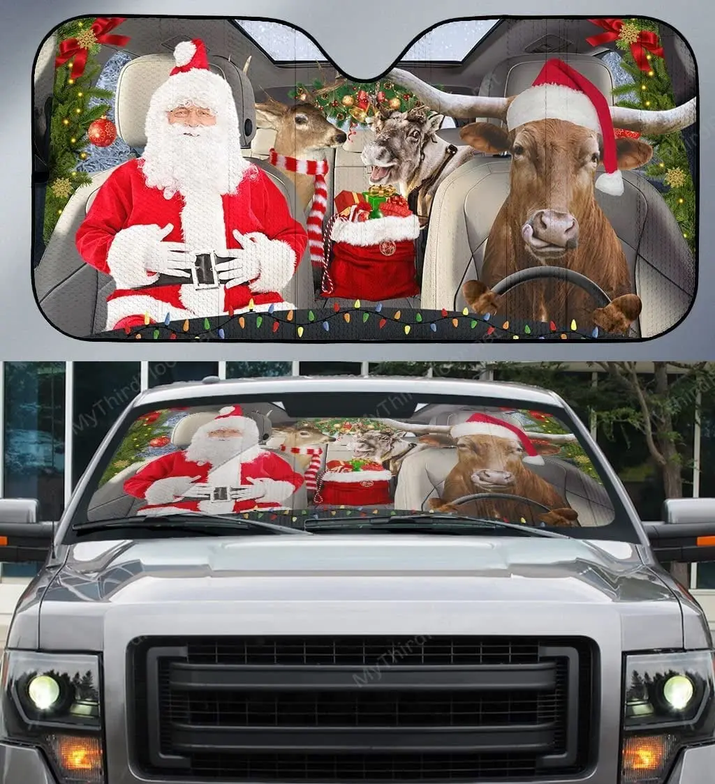 

Funny Texas Longhorn Cattle Santa Family Driving Christmas Car Sunshade Windshield Window, Gift for Farmer Lover, Car Windshield