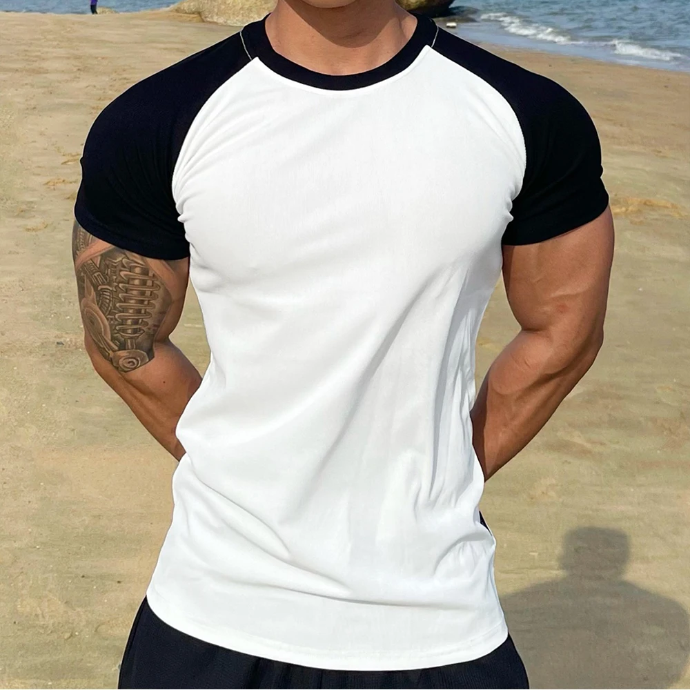 

Mens Summer T-shirts Short Sleeve Solid Color Raglan Sleeves O-neck Skinny T Shirt Soft Breathable Bodybuilding Male Top Tees