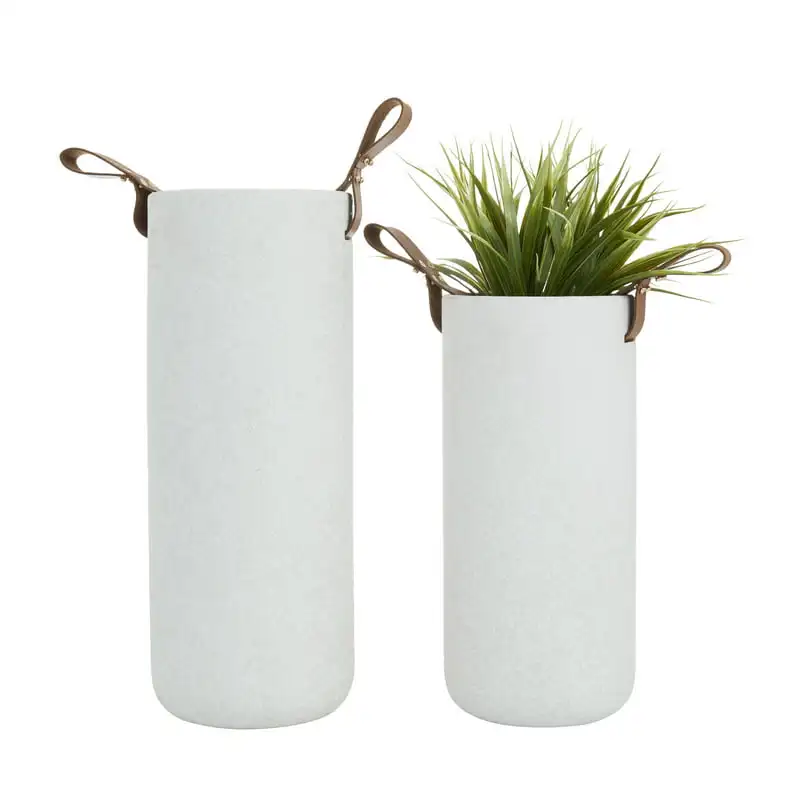 

12"H White Ceramic Vase with Leather Handles, Set of 2