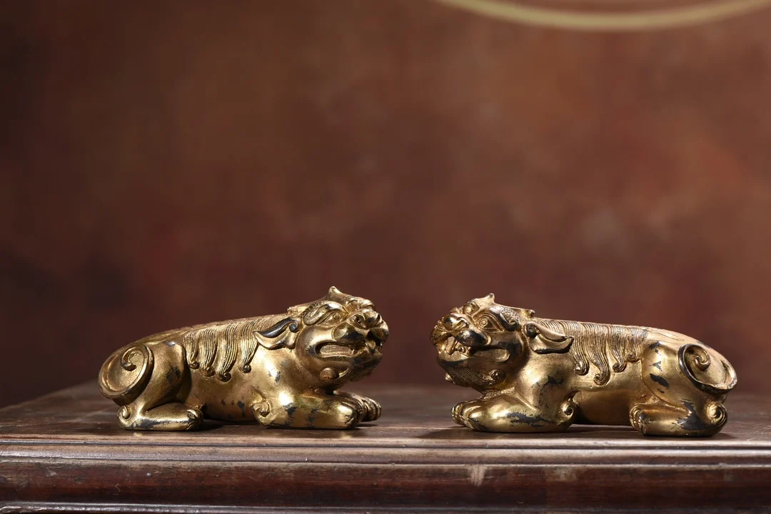 

10"Tibetan Temple Collection Bronze Gilded Cinnabar Brave Troops Divine Beast Statue A pair Ornaments Worship Hall Town house