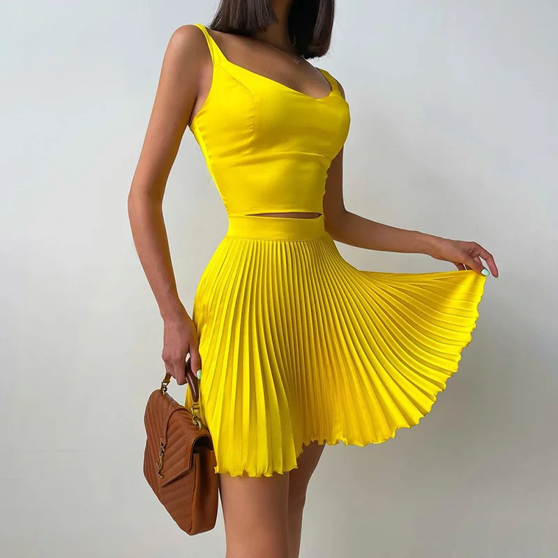 

Summer Fashion Two Pieces Sexy Square Collar Crop Top Europe and America Show Thin 100 Pleats Sport Waistcoat Printed Skirt