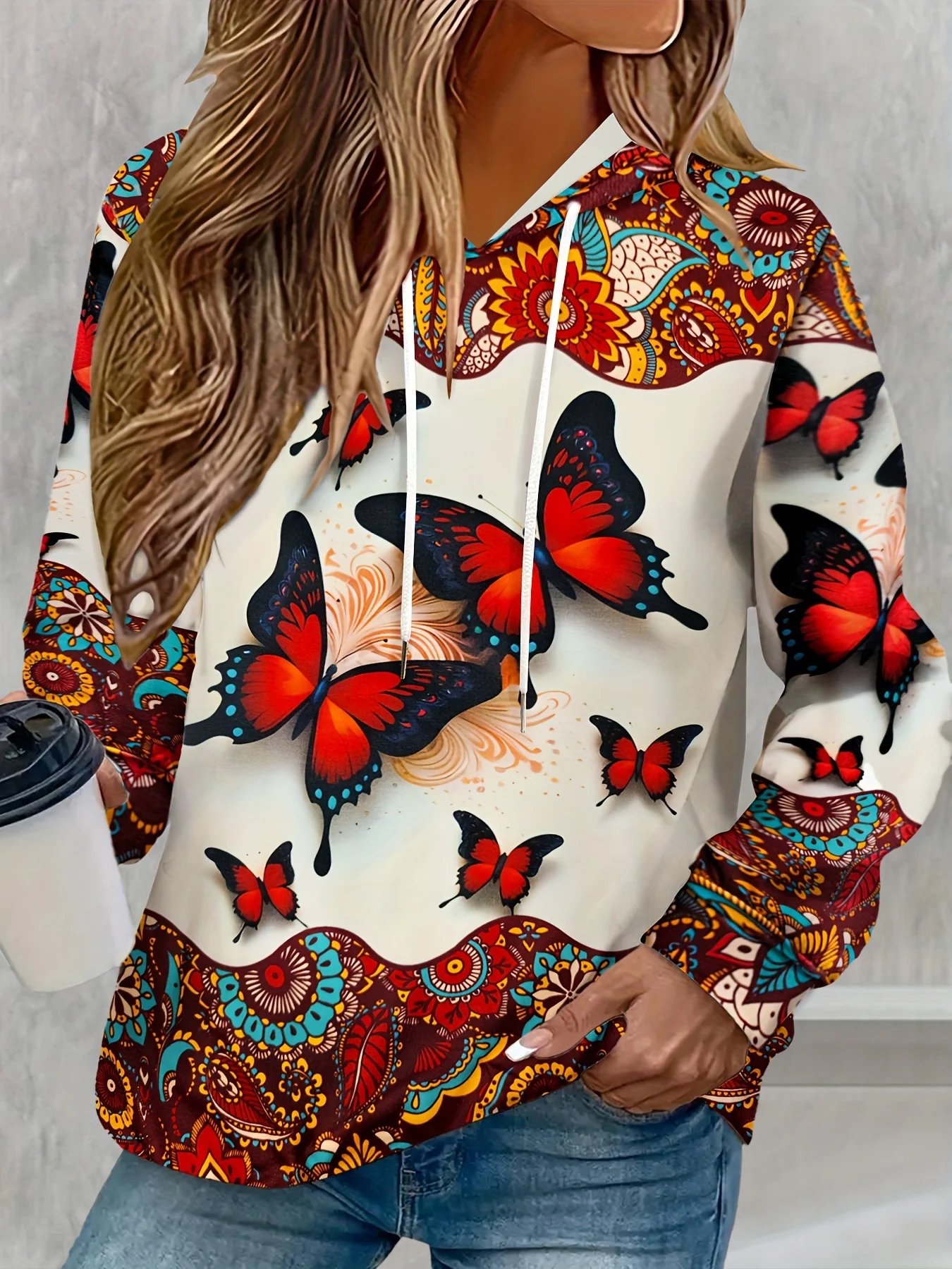 Женская толстовка с капюшоном Свободный Повседневный пуловер цветочным принтом