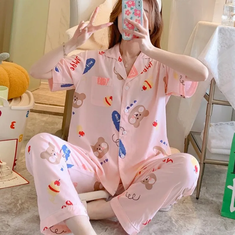 Ladies Pajamas Spring Autumn Long Sleeves Cotton Silk Short Sleeve Trousers Women Lounge Pajamas Set