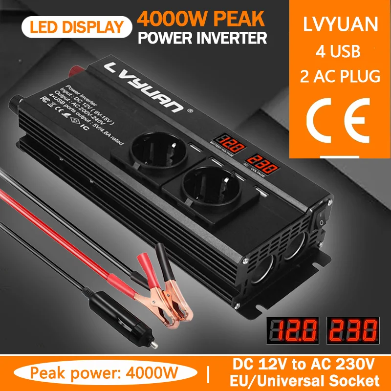 4000W/5000W/6000W Peak DC 12V To AC 220V 50Hz EU/Universal Socket светодиодный Display с 4,8 A 4 USB 3 AC автомобильный адаптер Инвертор питания