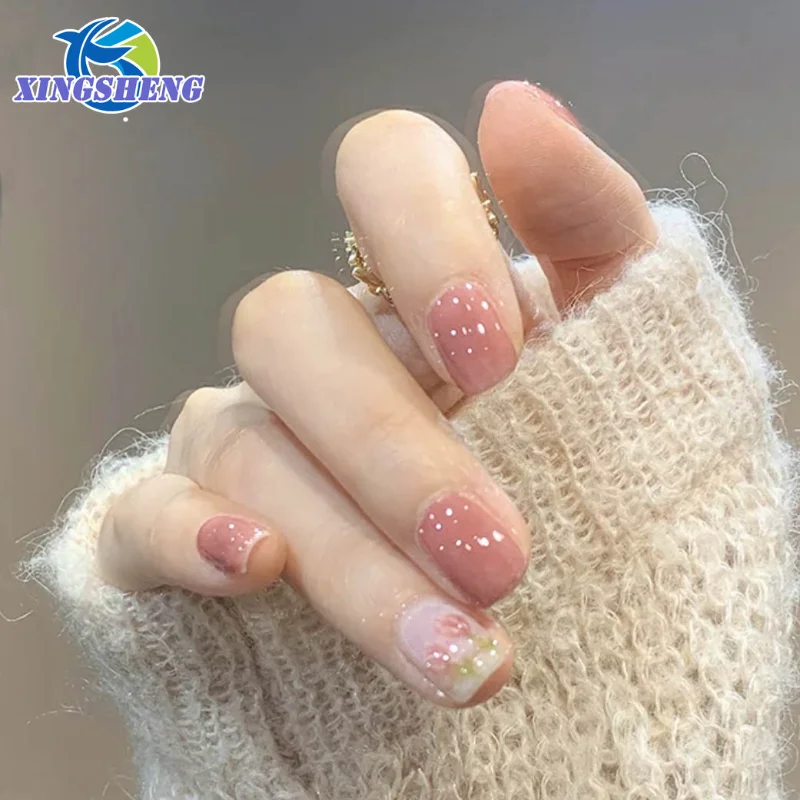24Pcs/Box Tulip Printed Pattern Design Short Square False Nails Full Cover Nail Tip Acrylic Nail Art Tool Press on Nails Gift