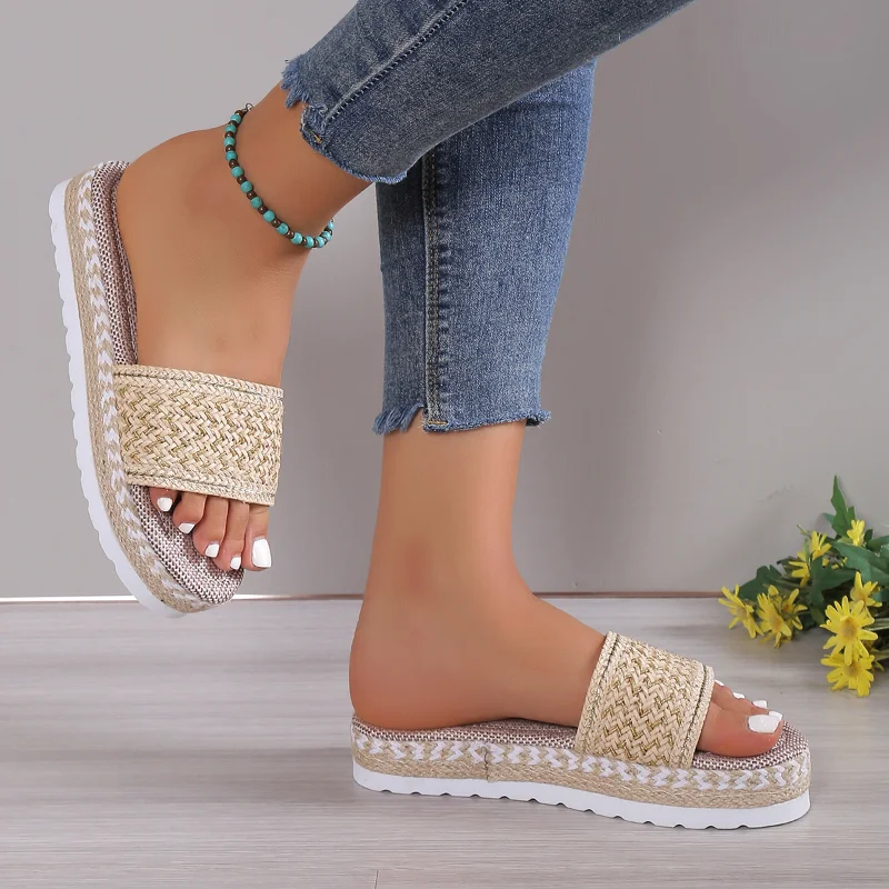 

Bohemia Style Women Slippers Solid Color Pinstripe Woven Thick Sole Roman Slides Casual Fashion Platform Ladies Shoes Plus Size