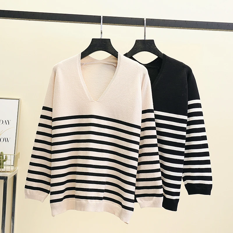 

New Spring Streetwear Casual Women Sweater High Street Baggy Stripes V-neck Pullover Korean Fashion V-neck Pull Femme Jumper