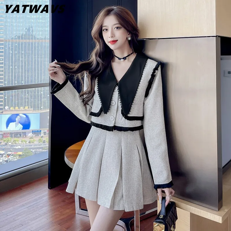 

New Korean Designer Two Piece Set For Women Color Contrast Lapel Jacket Coat+Vintage Pleated Mini Skirt Autumn Ladies OL Set