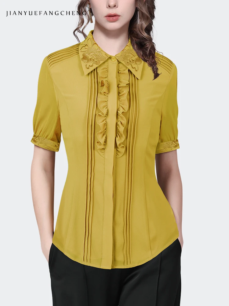 Женская шифоновая блузка с коротким рукавом и отложным воротником