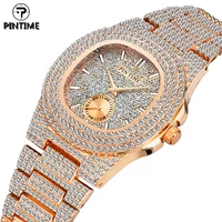 pintime quartz watch men luxury full diamond hip hop rose gold sliver watches mens wrist watch clock male zegarek meski montre