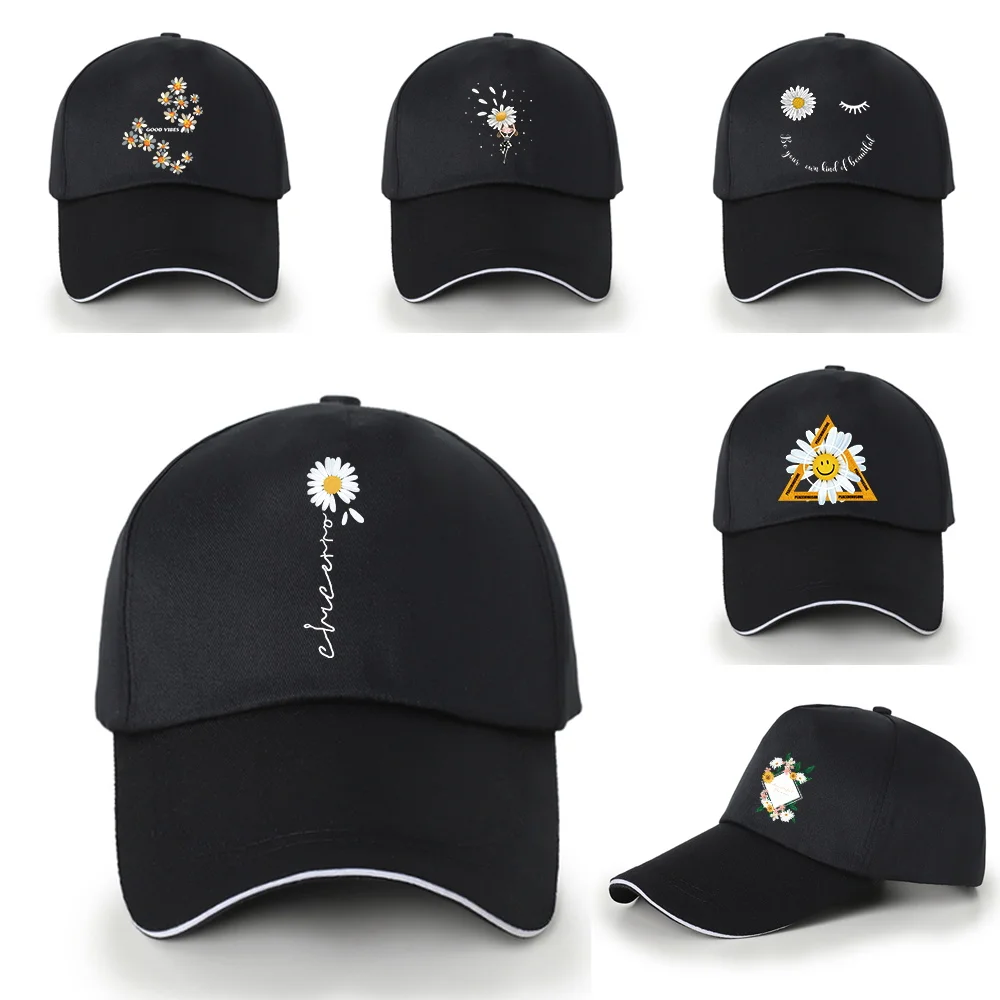 

New Black Baseball Cap Daisy Series Print Wild Hip-hop Hat Hipster Must-have Peaked Cotton Cap Dad Casual Summer Outdoor Sun Hat