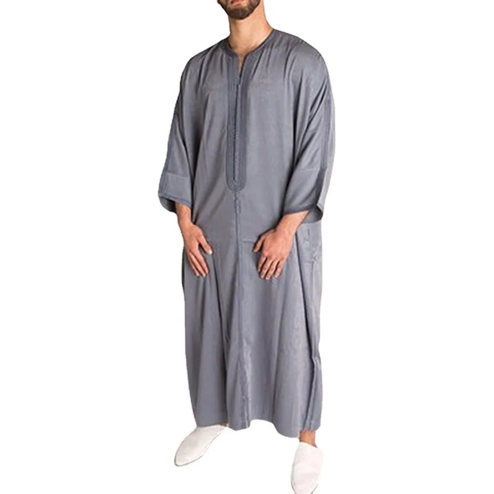 2022 Summer New Gray National Style Men's Long Shirt Muslim Robe Pullover De Moda Musulmana Islamic Clothing Muslim Men Clothing