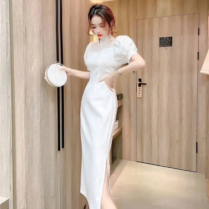 

Women 2022 Summer Fashion Temperament Slim Package Hip Pencil Dress Female Elegant Vintage Puff Sleeve Improved Cheongsam O22