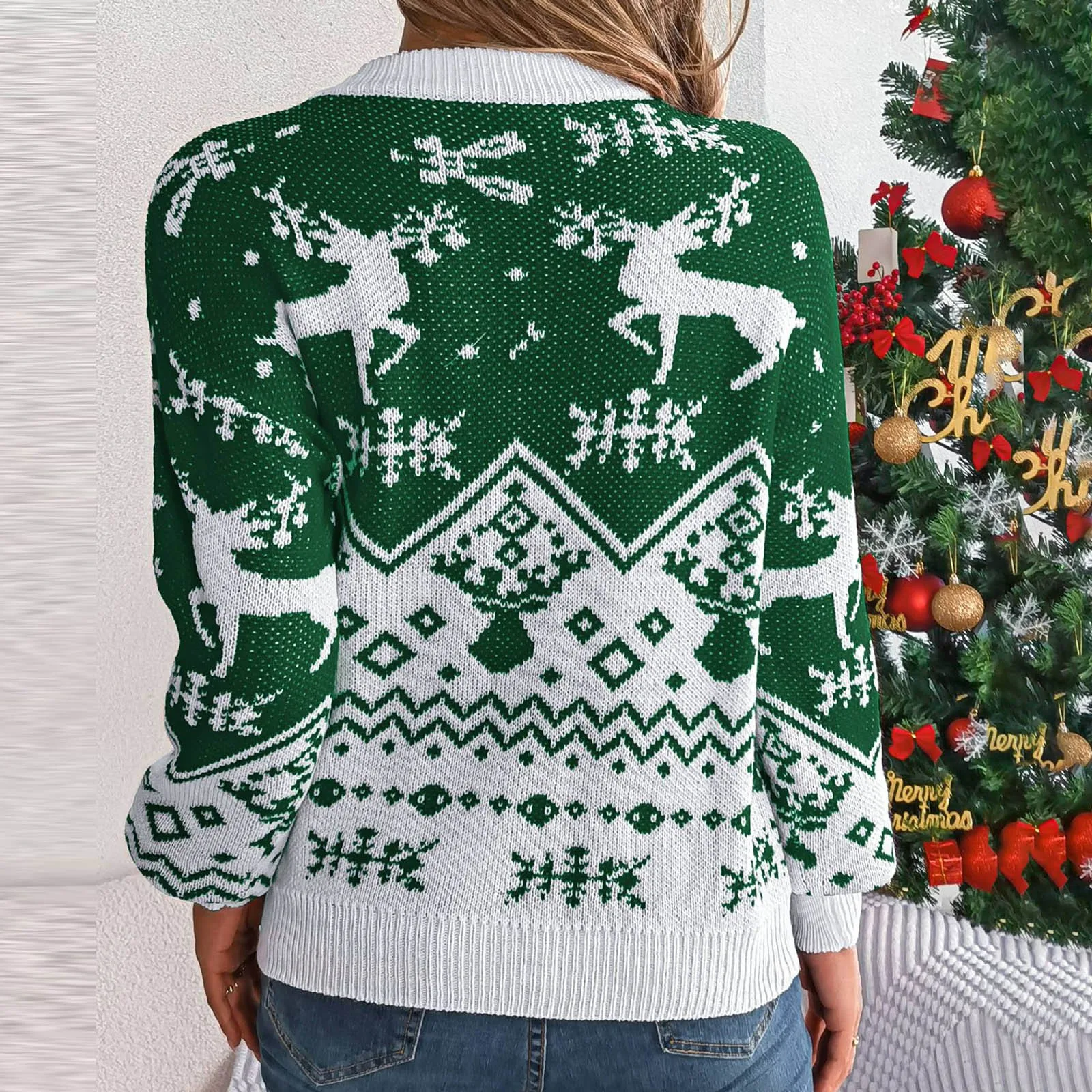 Модный рождественский вязаный свитер с круглым вырезом для женщин осень 2024
