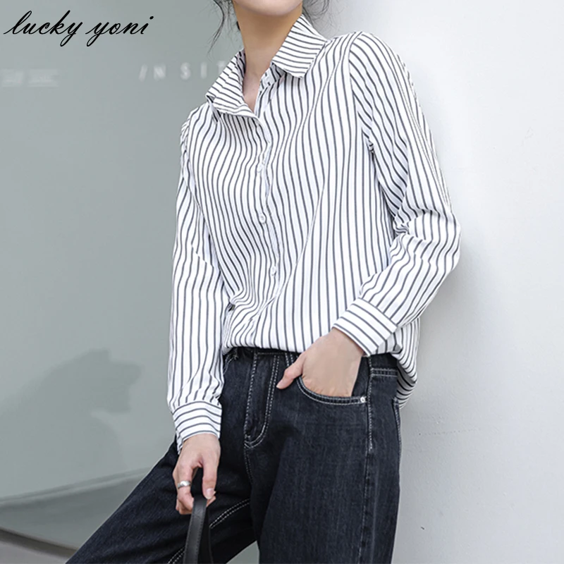

Yoni Korean Striped Blouses Women Spring Casual Lapel Long Sleeve Shirts Female Trendy Loose All-match White Tops for Girl