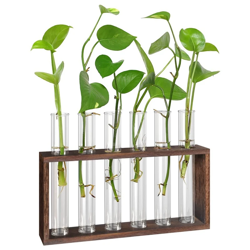 Plant Terrarium With Wooden Stand, Desktop/Wall Hanging Live Plant Propagation Station Planters Glass Tubes Hydroponic