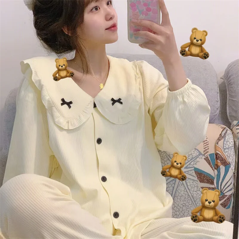 Sexy Bow Princess Sweet Pajamas Set Full-Sleeve Long Pants 2Piece/Set Pyjama  Homewear Cozy Plus Big Size Sleepwear