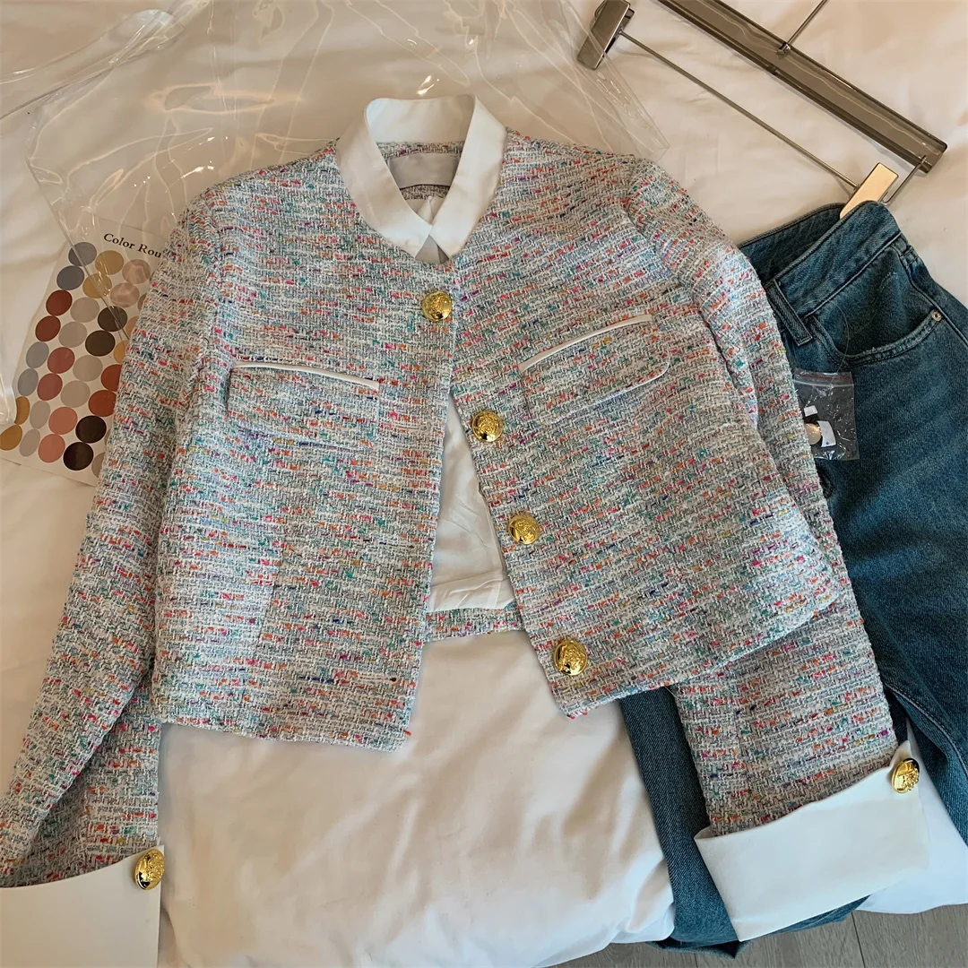 

Popular Splicing Design Sense Color Line Tweed Short Jacket Spring New Fashionable Gold Buckle Suit-style Tops Women Jacket