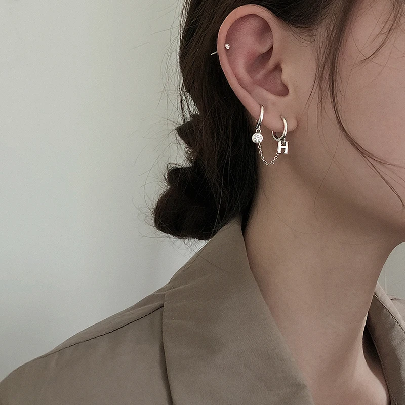 

H letter earrings female 925 silver needle ear buckle simple multi-ear hole one-piece ear chain Korean high-end earrings