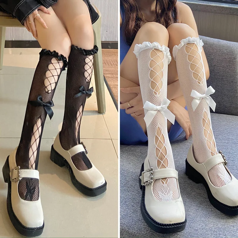 

JK Lolita Mesh Lace Fishnet Summer Thin Stockings Japanese Style Bowknot Frilly Stockings for Girls Sweet Kawaii Cute Knee Socks