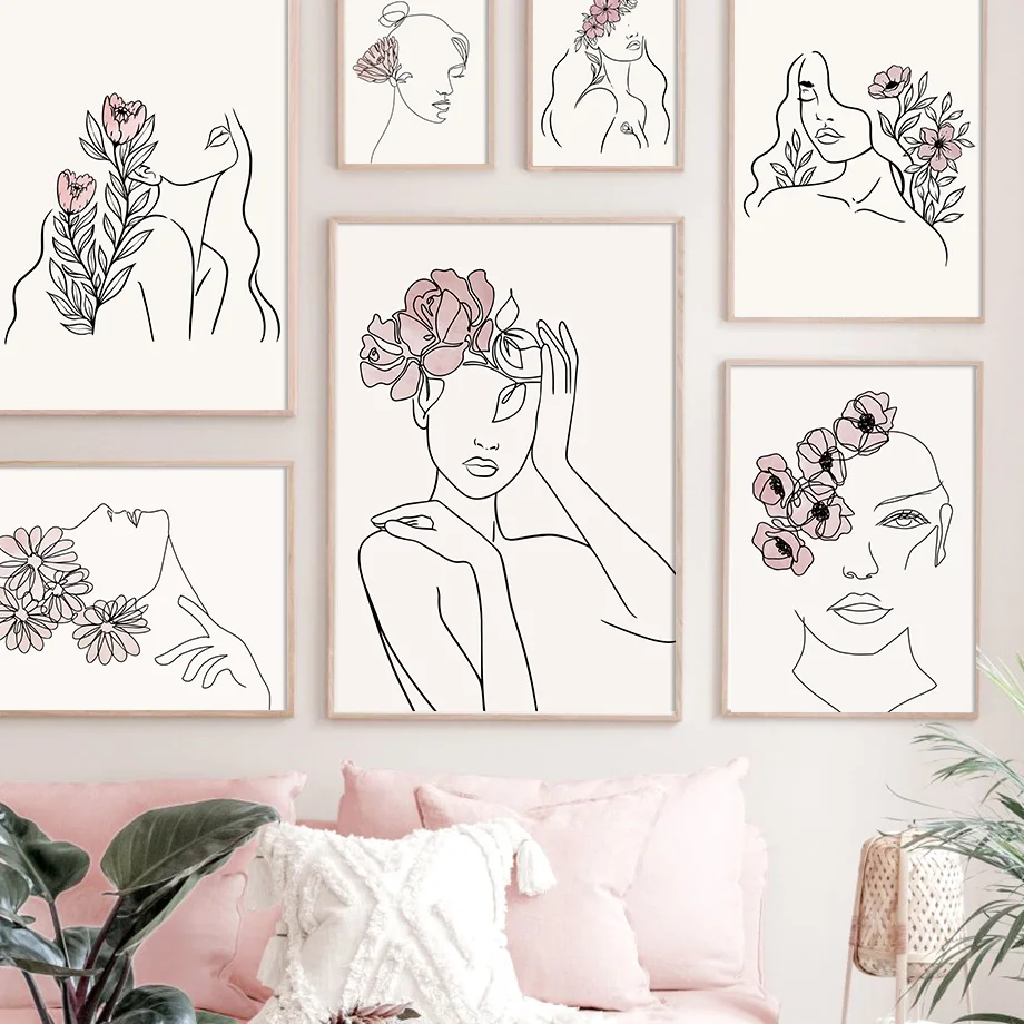 

Wall Art Canvas Painting Abstract sexy line girl Rose Peony Flower Nordic Posters And Prints Wall Pictures For Living Room Decor