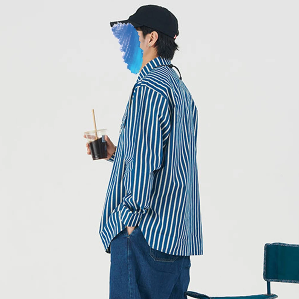 2022 Shirts for Men Casual Stripe Retro Shirt Long-Sleeved Chest One Pocket Design Fashion Button Men Shirt Plaid Shirt Men