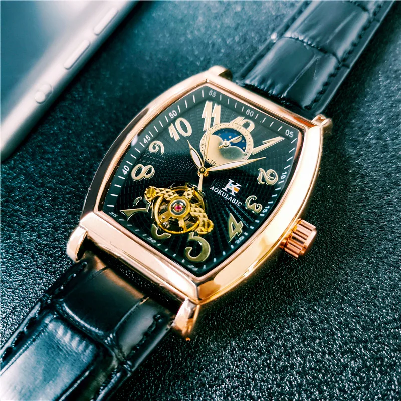 

AOKULASIC Automatic Mechanical Watch Men Gold Tonneau Tourbillon Watches Moon Phase Genuine Leather Strap Clock Male Wristwatch