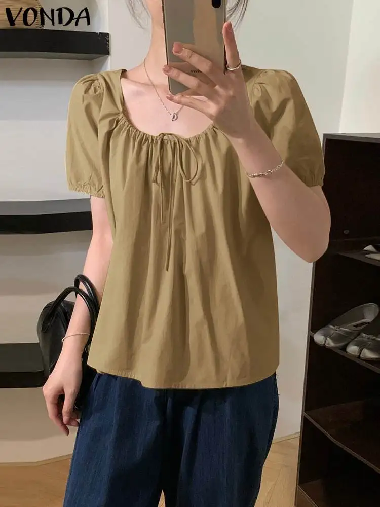 

VONDA Women Blouses Summer Short Puff Sleeve Tops 2023 Fashion O Neck Bandage Pleated Casual Loose Solid Color Blusas Femininas