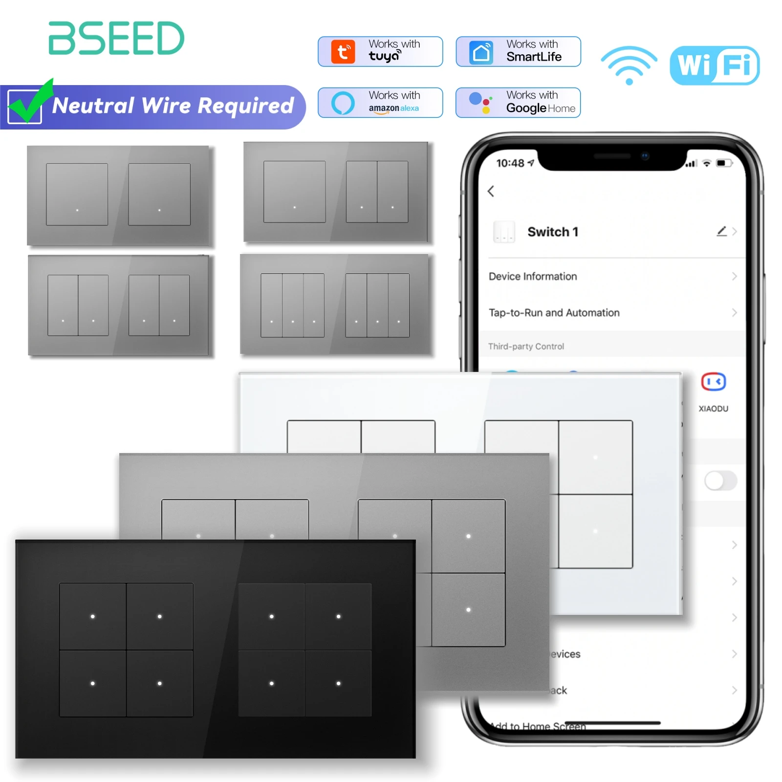 Фото BSEED WIFI Click Switches Series 1/2/3/4Gang Настенные умные выключатели света Желтая подсветка Стеклянная рамка для Tuya APP Стандарт ЕС №1