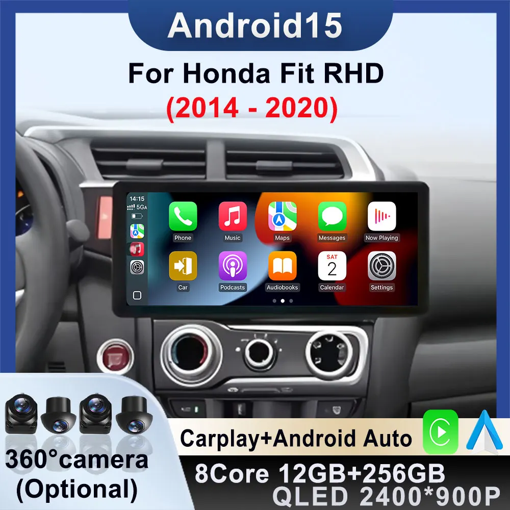 Фото Автомобильный радиоприемник Android 15, для Honda Fit 2014-2020, RHD GPS Carplay, авто, беспроводной стерео, WIFI, навигация, мультимедийный видеоплеер, экран №1
