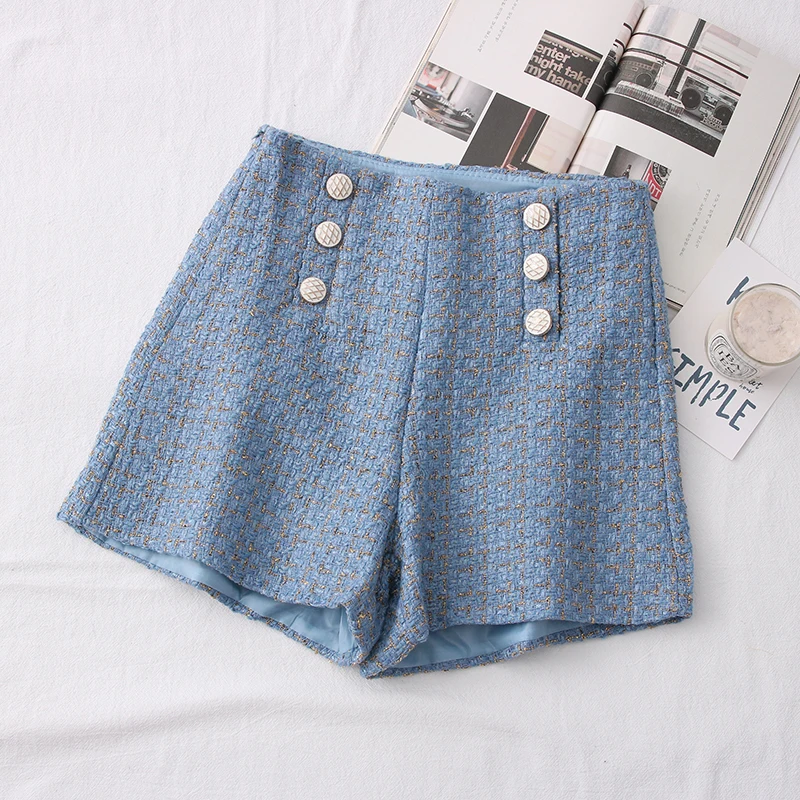 2023 Spring New Fashion Versatile Tweed High Waist Slimming Plaid Double Breasted Shorts Wide Leg Short Pants for Women