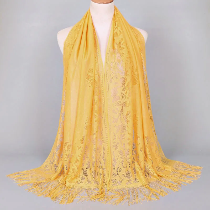 

170*65cm Lace Tassel Scarf Pure Color Hollow Out Long Shawls Scarves For Women Wraps Wrap Cap Female Scarves Bufanda Mujer