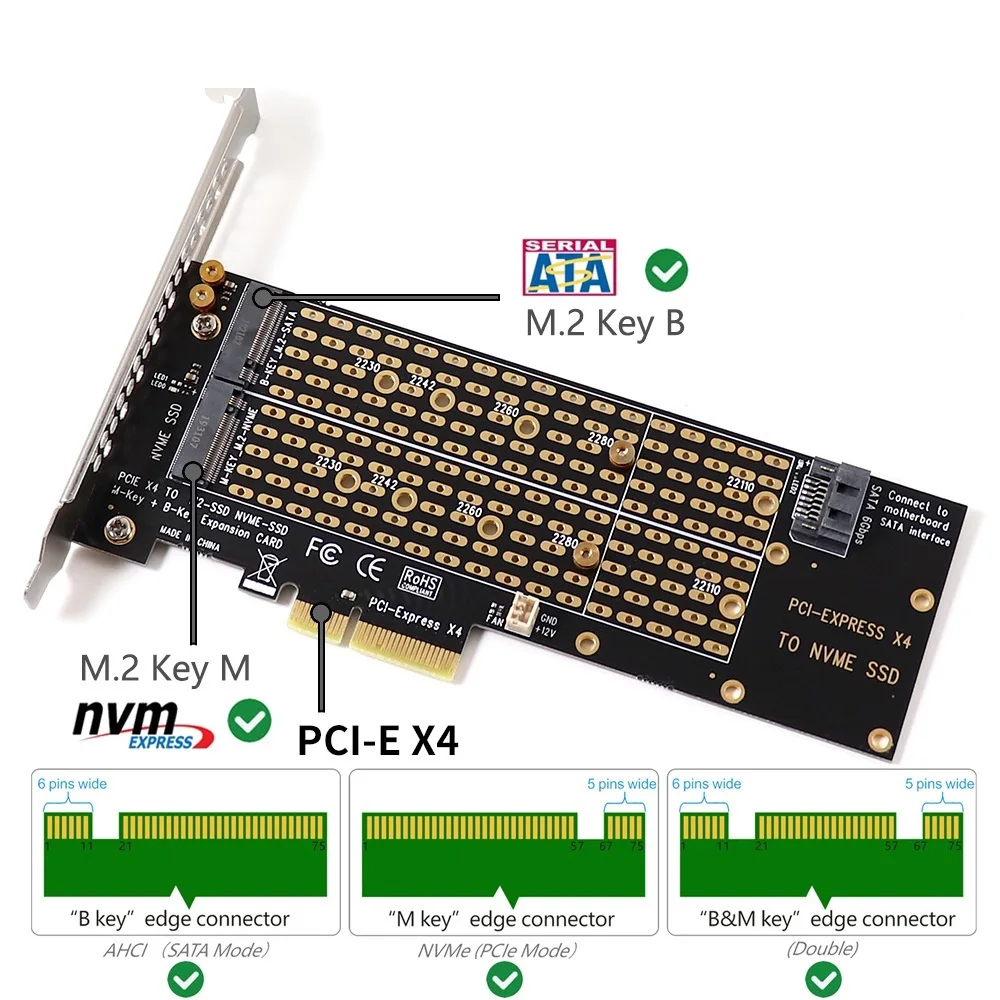 

M.2 NVMe Adapter SSD to PCIe Card Key M + Key B with Fan SATA Cable PCIE to M2 Adapter Supports 2230 2242 2260 2280 22110