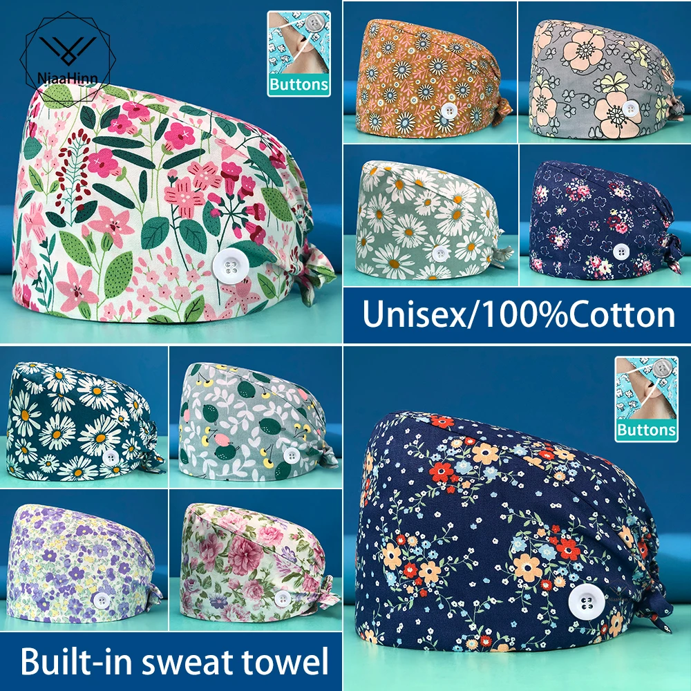 

Cotton High Quality Sweat-absorbent Elastic Scrubs Caps Adjustable Flower Printing Hats Multicolor Scrubs Hats Wholesale Prices