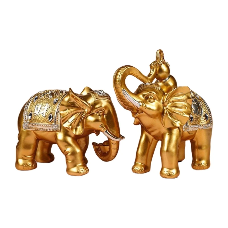 

2Pcs Resin Elephant Statue Collectible Feng Shui Sculpture Wealth Lucky Animal Figurine with Facing Upwards Home Office