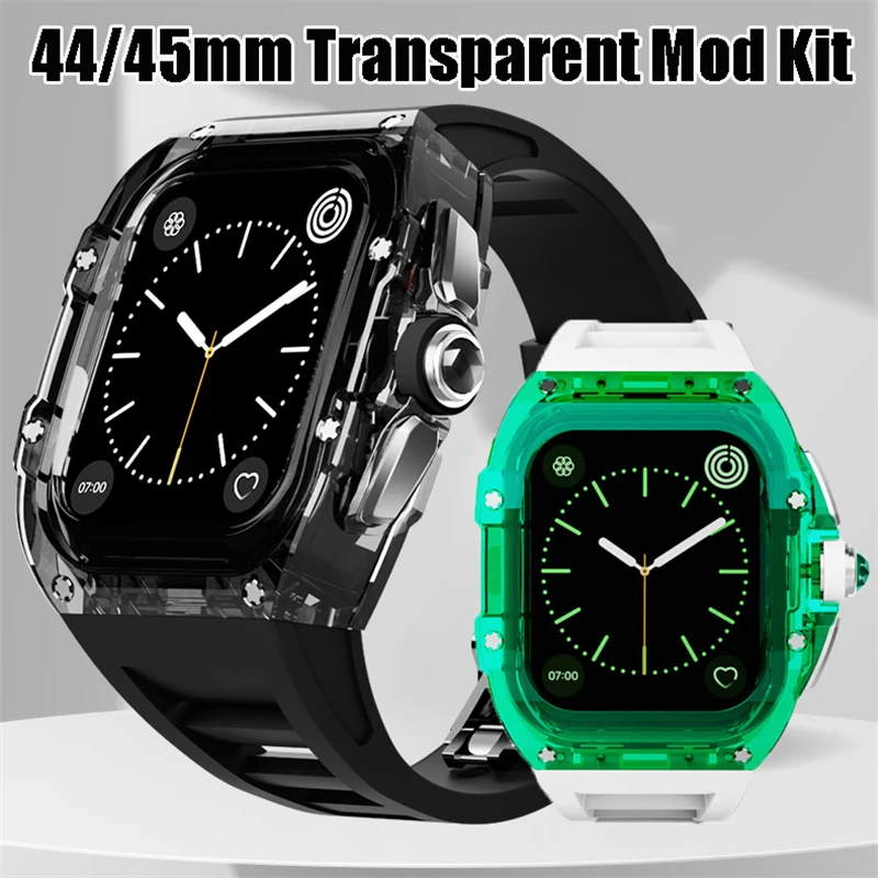 

Роскошный мод для Apple Watch Series 8 7 6 5 4 SE, прозрачный ремешок, модификация ремня, комплект, резиновый ремешок для iWatch 45 мм 44 мм, ремешок