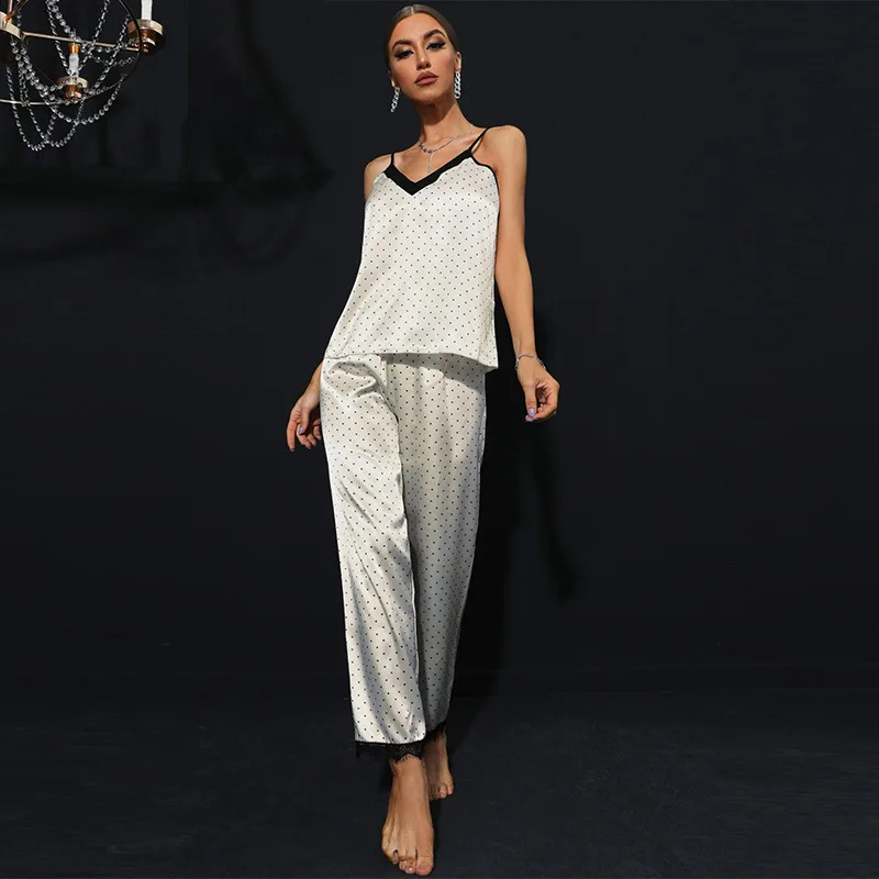 Spring Women's Loungewear Thin Casual Polka Dot Printed Loose 2 Piece Set Pajamas Sling Long Pants Nightwear Female Home Service