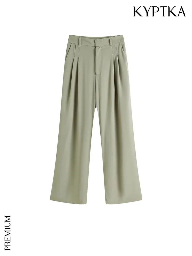 

KYPTKA Women Fashion Side Pockets Front Pleated Straight Pants Vintage High Waist Zipper Fly Female Trousers Mujer