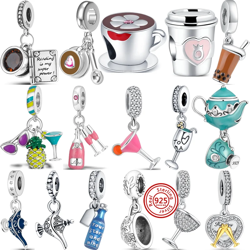 925 Silver Murano Glass Bubble Tea Coffee Cup Teapot Goblet Dangle Charms Beads Fit Original Brand Bracelet Women Fine Jewelry