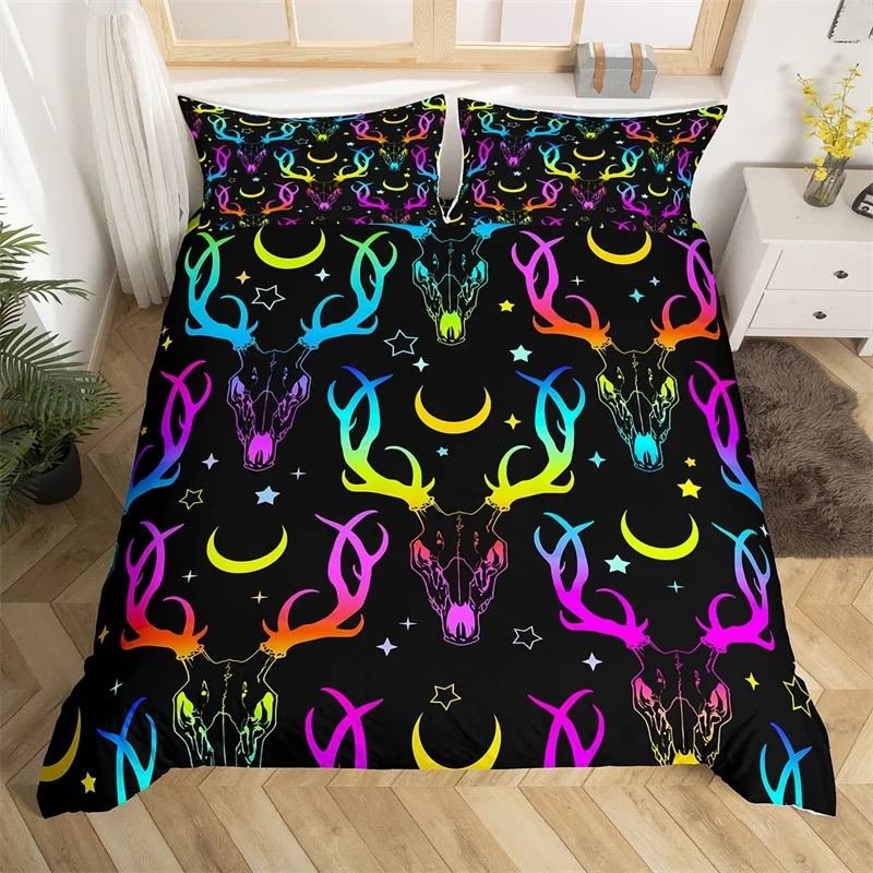 

Gothic Deer Skull Duvet Cover Farm Animal Bedding Set Polyester Moon Star Comforter Cover Queen For Boys Girls Teens Room Decor