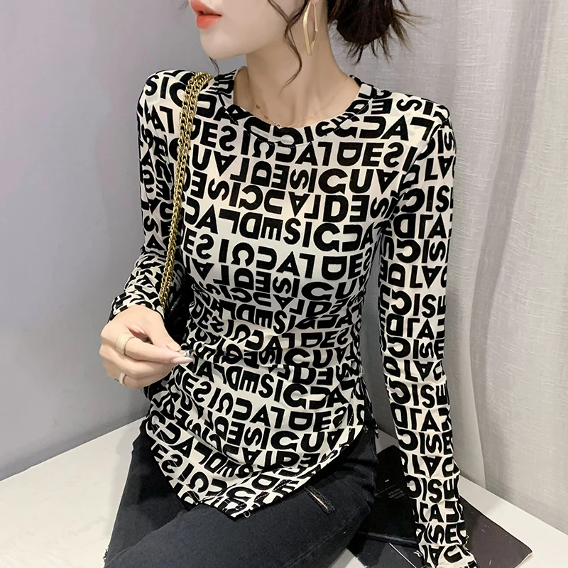 Fashion Irregular Split T-shirt Women's Long Sleeve European Goods Print Mesh Top Slim fit All-Match Bottoming Shirt Women Au...