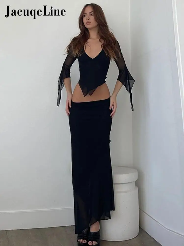 

Сексуальные комплекты из 2 предметов, сексуальная черная сетчатая юбка Y2K, женский топ с глубоким V-образным вырезом и облегающая юбка миди, подходящие комплекты одежды, 2023