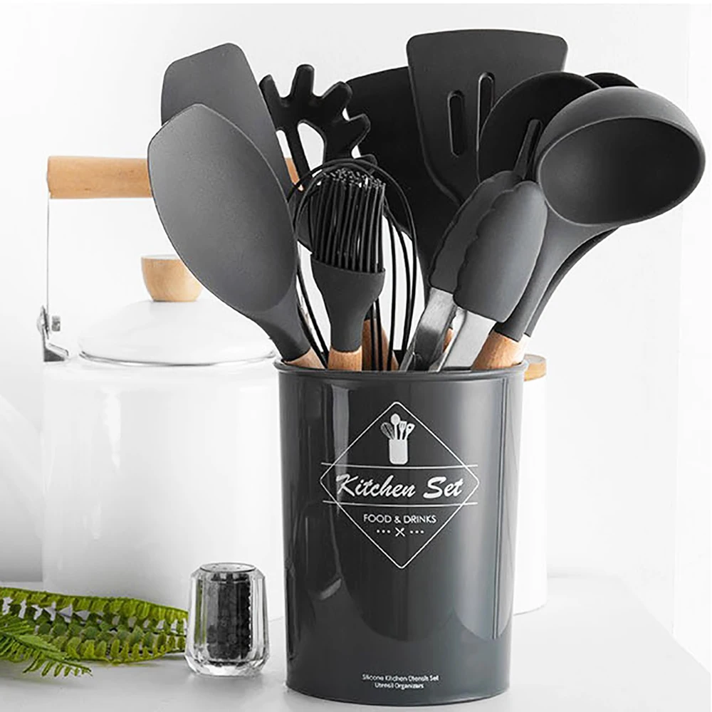 

Черный силиконовый набор кухонной утвари, термостойкая кухонная утварь, антипригарная кухонная утварь, кухонные принадлежности с контейнером для хранения