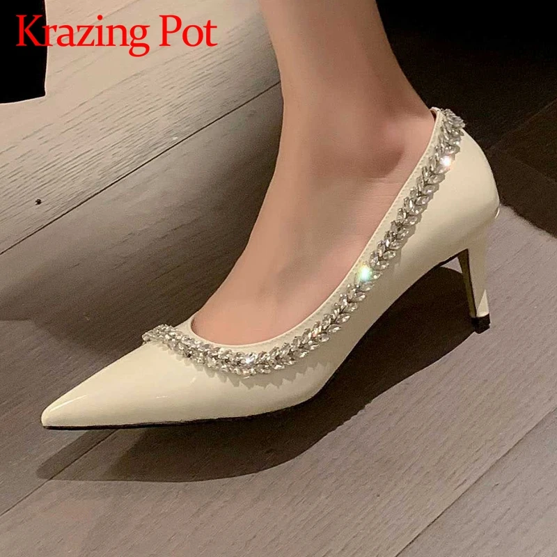 

Krazing pot 2022 spring new arrival genuine leather pointed toe thin high heels rhinestone decorations shallow women pumps L17