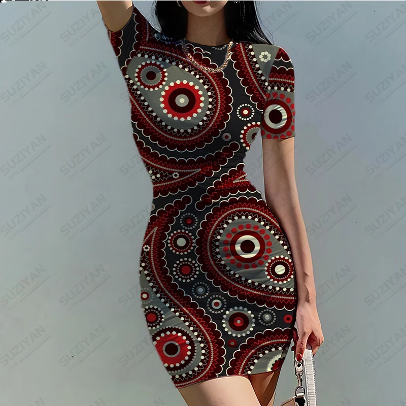 3D printed clothing new women's tight fitting dress short sleeved round neck summer ultra short sexy European and American style