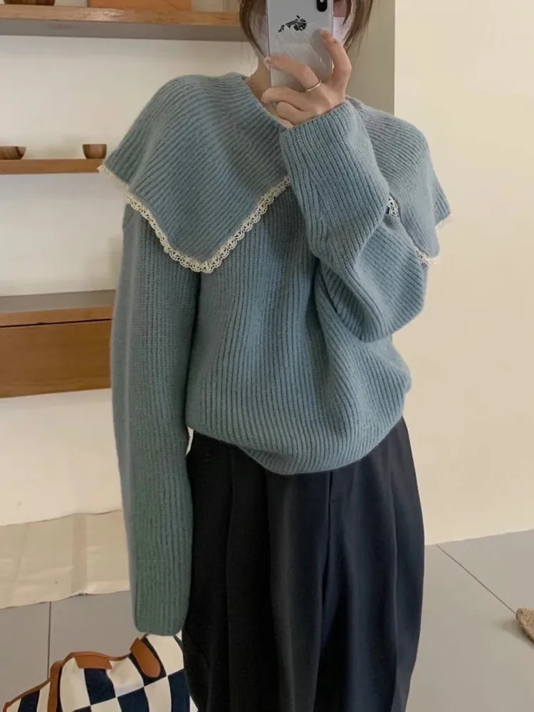 

Женский осенне-зимний милый свитер в Корейском стиле 2022 Длинные рукава большой отложной воротник Свободные Повседневные вязаные пуловеры элегантные